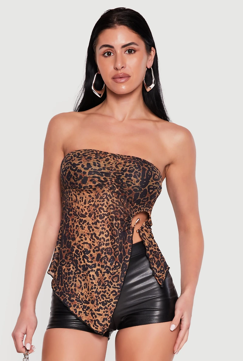 Leopard Print Tube Top with Metallic Side Slit Detail