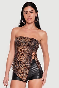 Leopard Print Tube Top with Metallic Side Slit Detail