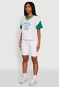 Womens Athletic Dept Graphic V Neck Baseball Tee, White, Size M