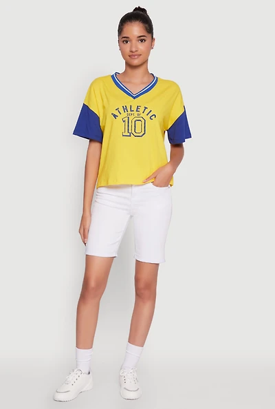 Womens Athletic Dept Graphic V Neck Baseball Tee, Multi, Size L