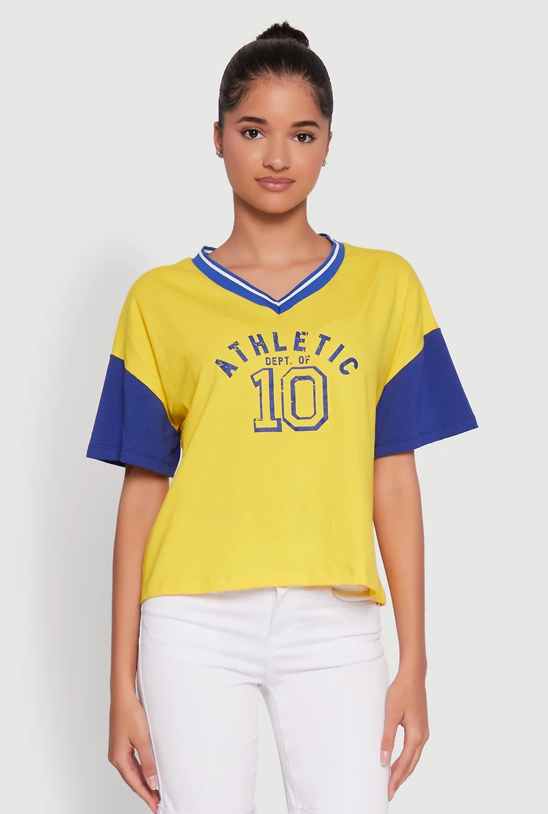 Womens Athletic Dept Graphic V Neck Baseball Tee, Multi, Size XL