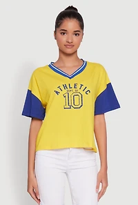 Womens Athletic Dept Graphic V Neck Baseball Tee, Multi, Size XL