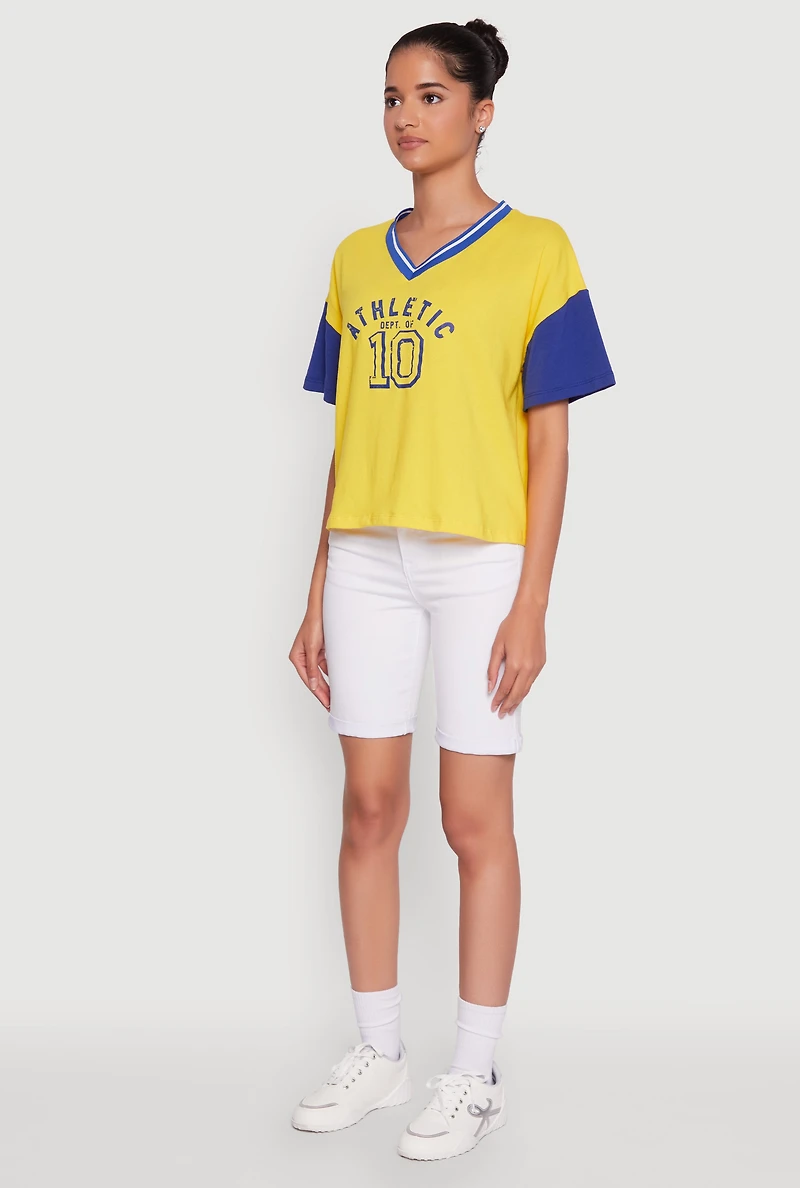 Womens Athletic Dept Graphic V Neck Baseball Tee, Multi, Size M