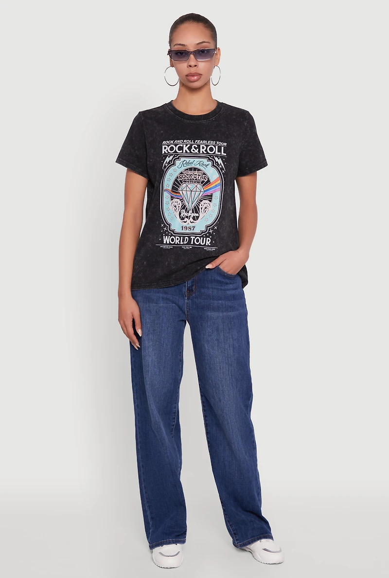 Acid Wash Graphic Rock and Roll Fearless Tour T-Shirt