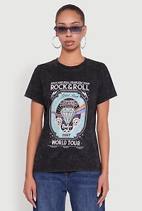 Womens Acid Wash Graphic Rock and Roll Fearless Tour T-Shirt,