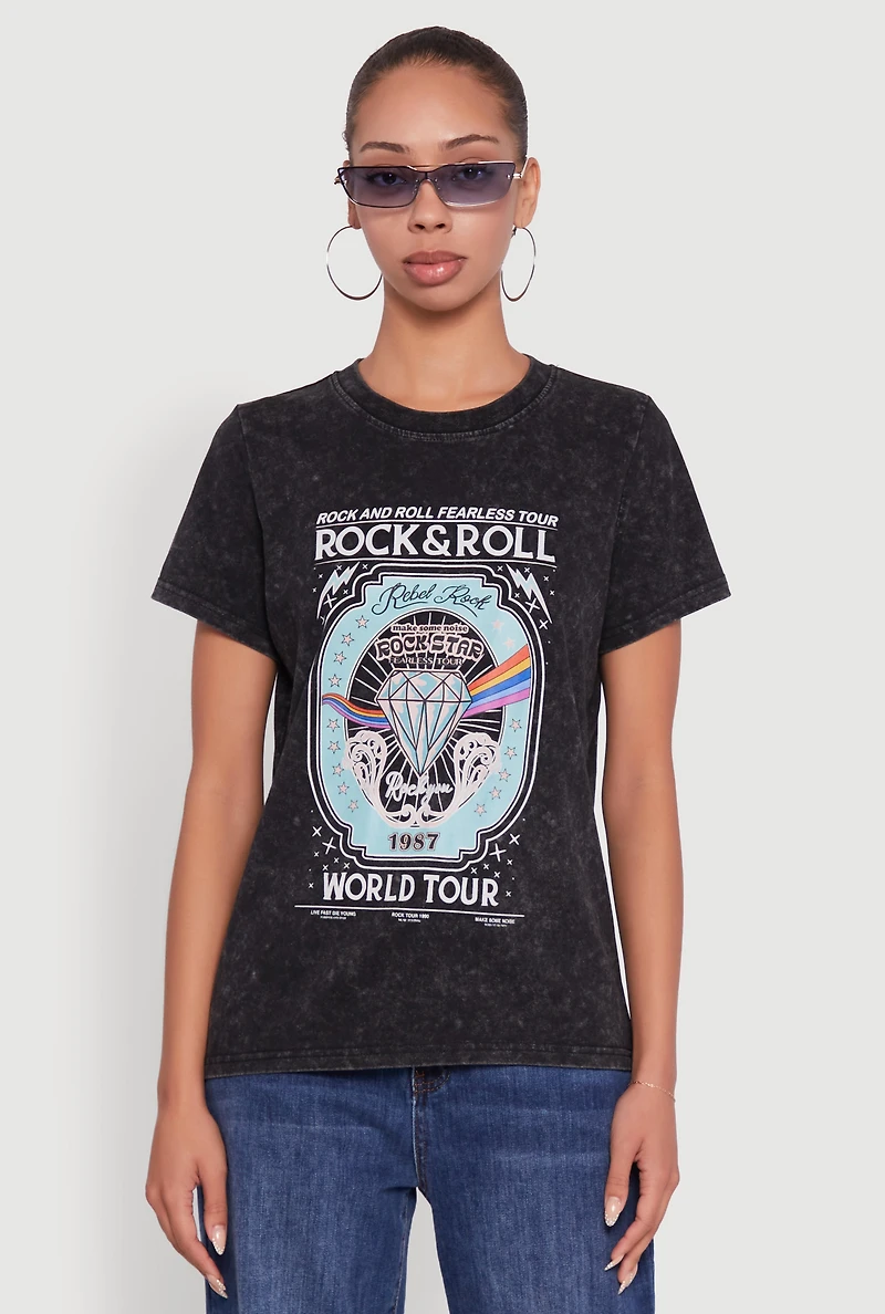 Womens Acid Wash Graphic Rock and Roll Fearless Tour T-Shirt, XL