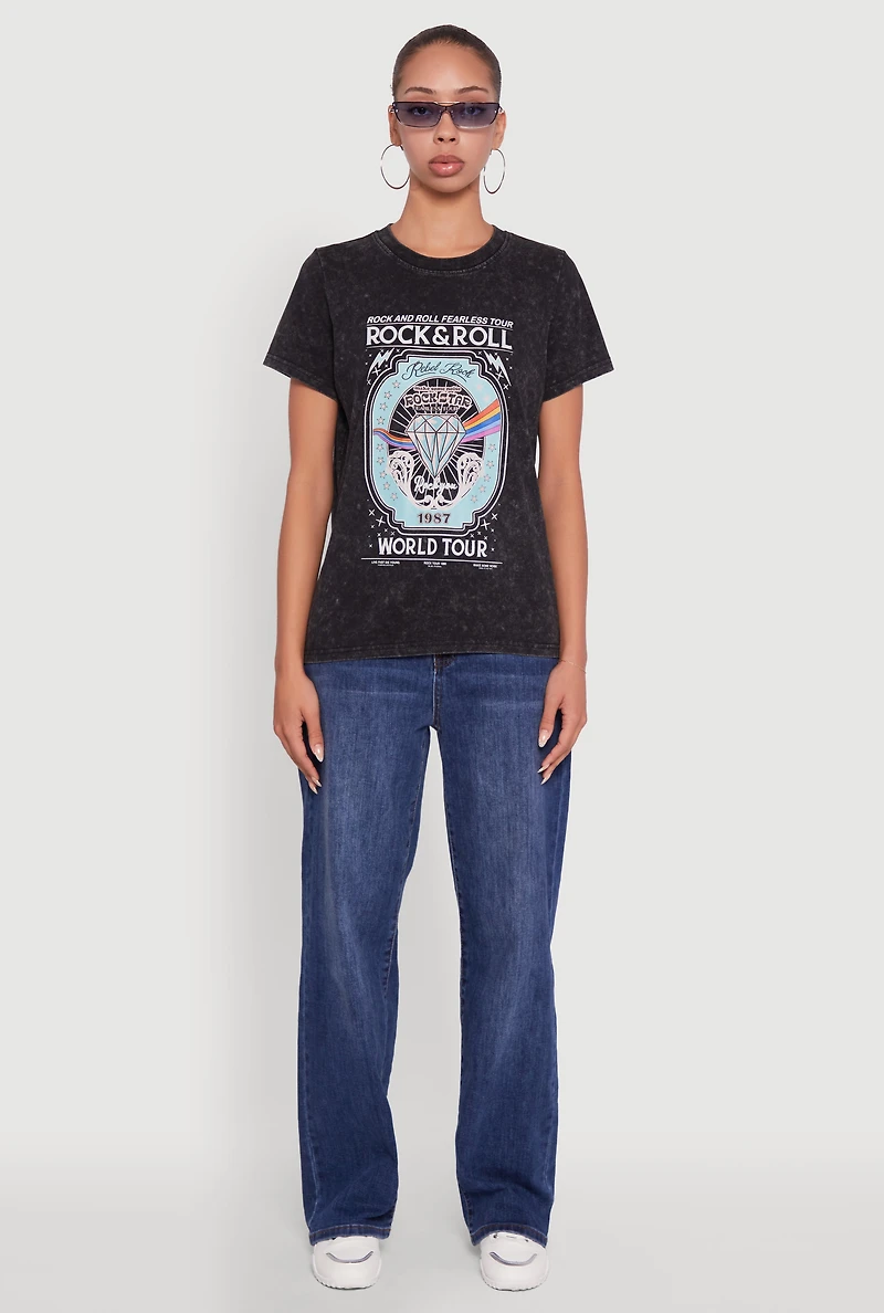 Womens Acid Wash Graphic Rock and Roll Fearless Tour T-Shirt, XL