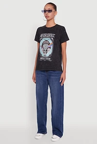 Womens Acid Wash Graphic Rock and Roll Fearless Tour T-Shirt,