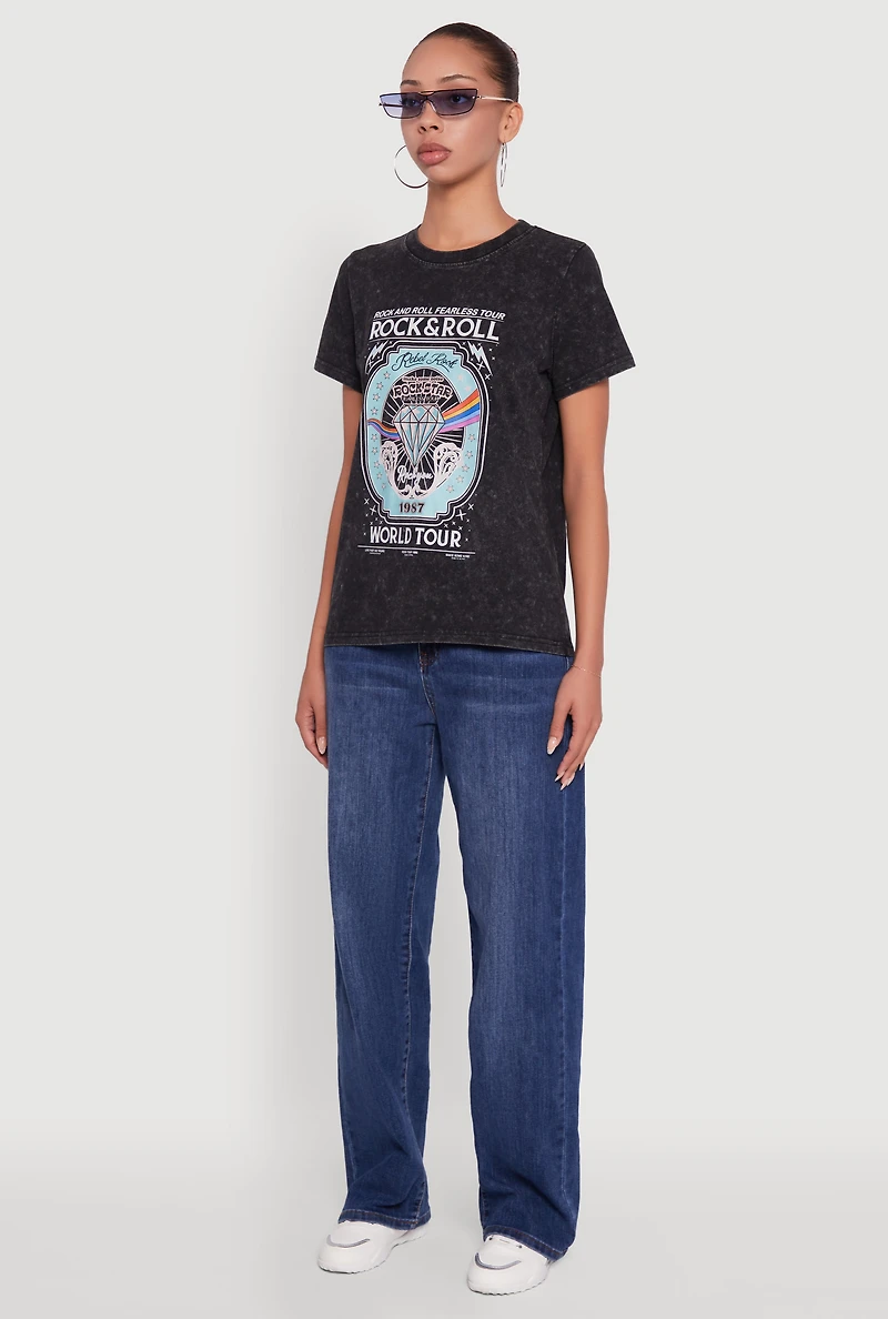 Womens Acid Wash Graphic Rock and Roll Fearless Tour T-Shirt, XL