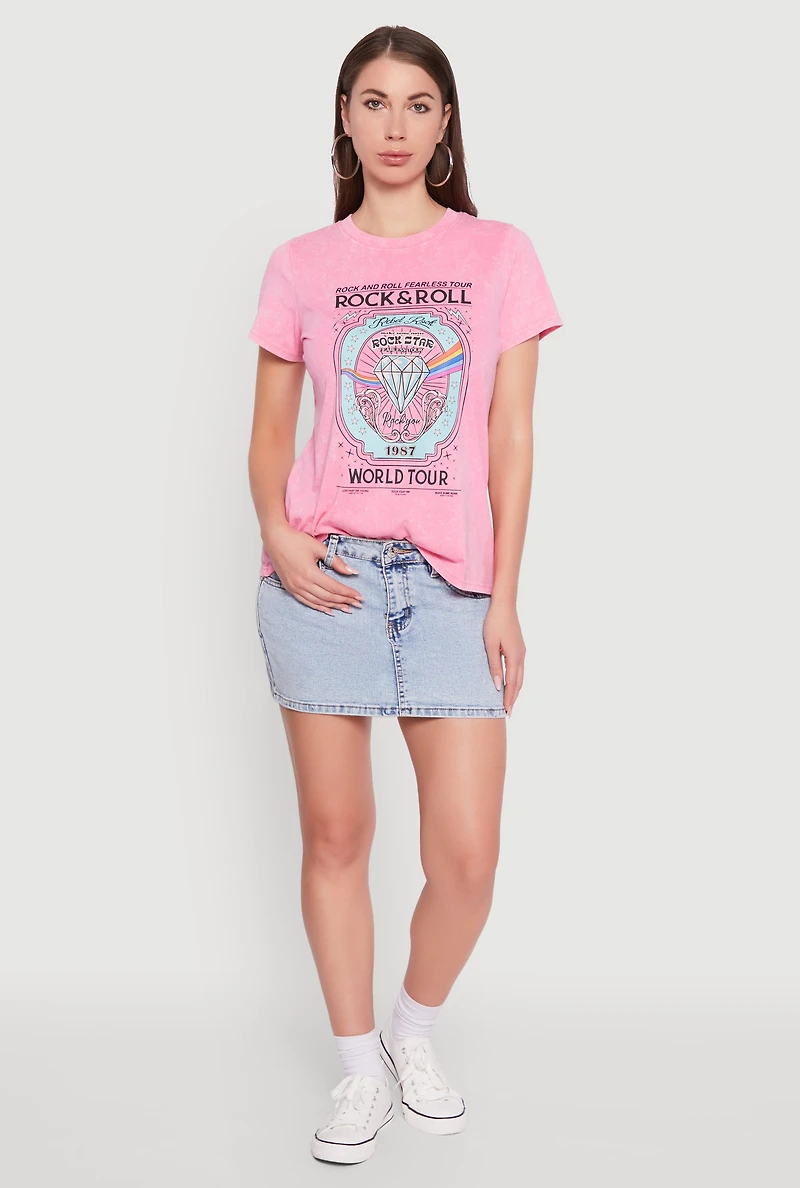 Womens Acid Wash Graphic Rock and Roll Fearless Tour T-Shirt, Pink,