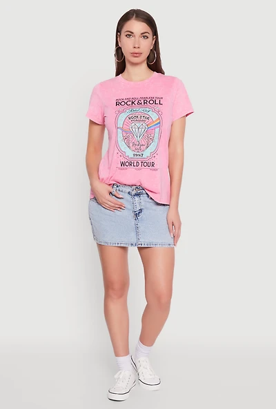 Womens Acid Wash Graphic Rock and Roll Fearless Tour T-Shirt, Pink,