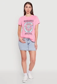 Womens Acid Wash Graphic Rock and Roll Fearless Tour T-Shirt, Pink,