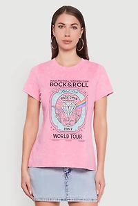 Womens Acid Wash Graphic Rock and Roll Fearless Tour T-Shirt, Pink,