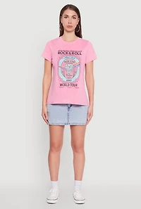 Womens Acid Wash Graphic Rock and Roll Fearless Tour T-Shirt, Pink,