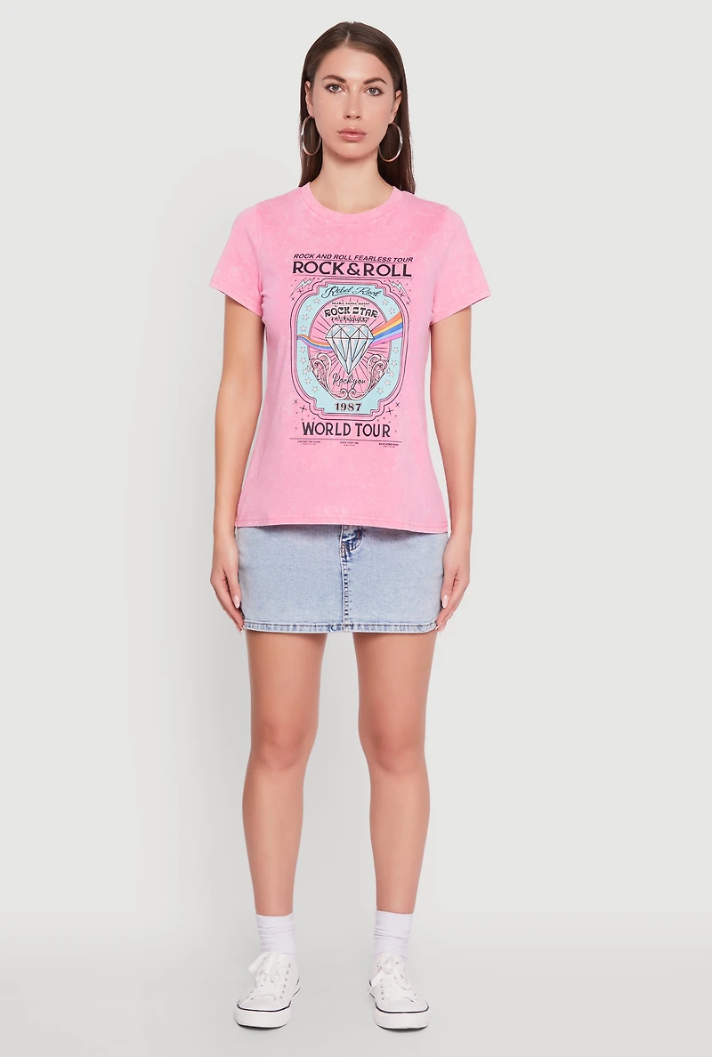 Womens Acid Wash Graphic Rock and Roll Fearless Tour T-Shirt, Pink, Size XL