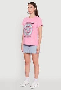 Womens Acid Wash Graphic Rock and Roll Fearless Tour T-Shirt, Pink,