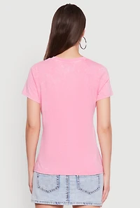 Womens Acid Wash Graphic Rock and Roll Fearless Tour T-Shirt, Pink,