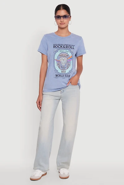 Womens Acid Wash Graphic Rock and Roll Fearless Tour T-Shirt,