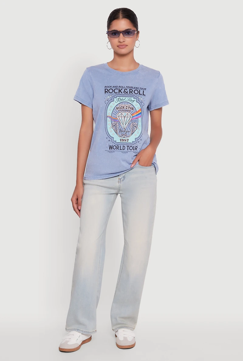 Acid Wash Graphic Rock and Roll Fearless Tour T-Shirt