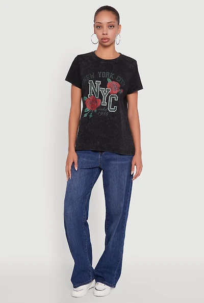 Womens NYC Graphic Rose Print Acid Wash Classic Tee, Black,