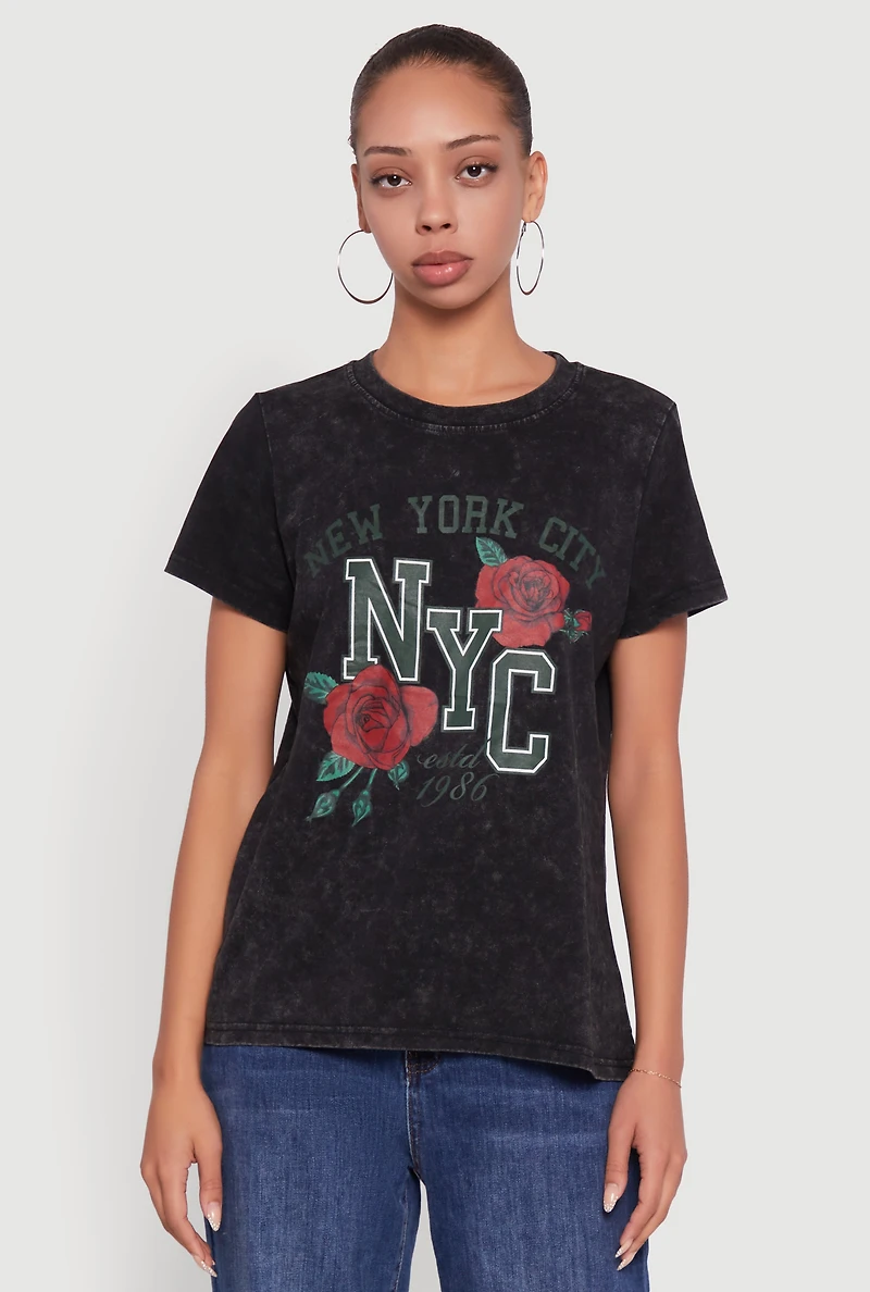 Womens NYC Graphic Rose Print Acid Wash Classic Tee, Black,