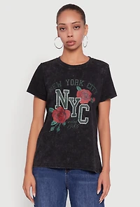 Womens NYC Graphic Rose Print Acid Wash Classic Tee, Black,