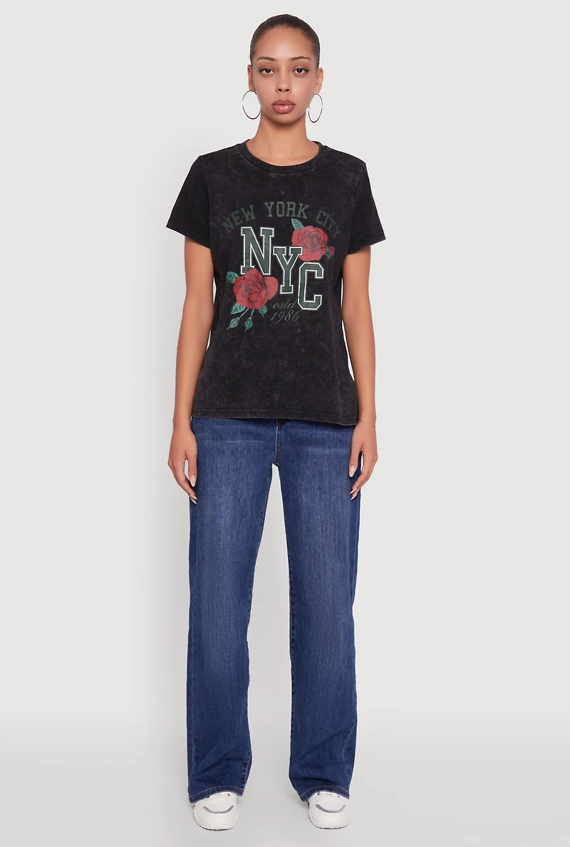 Womens NYC Graphic Rose Print Acid Wash Classic Tee,