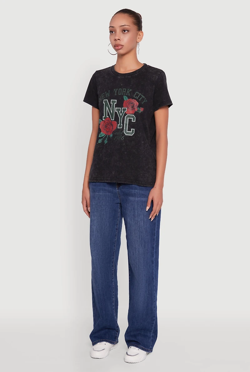 Womens NYC Graphic Rose Print Acid Wash Classic Tee, Black,