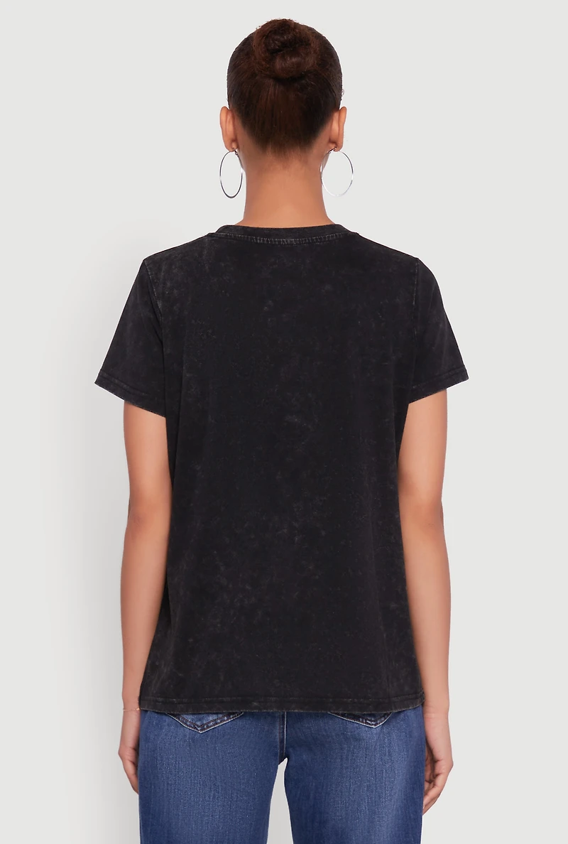 Womens NYC Graphic Rose Print Acid Wash Classic Tee, Black,