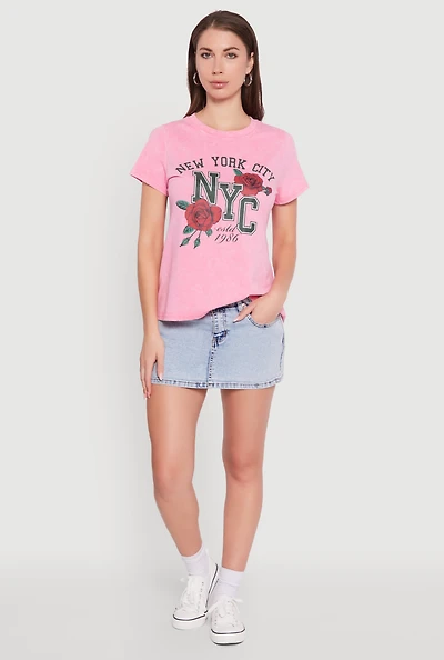 NYC Graphic Rose Print Acid Wash Classic Tee