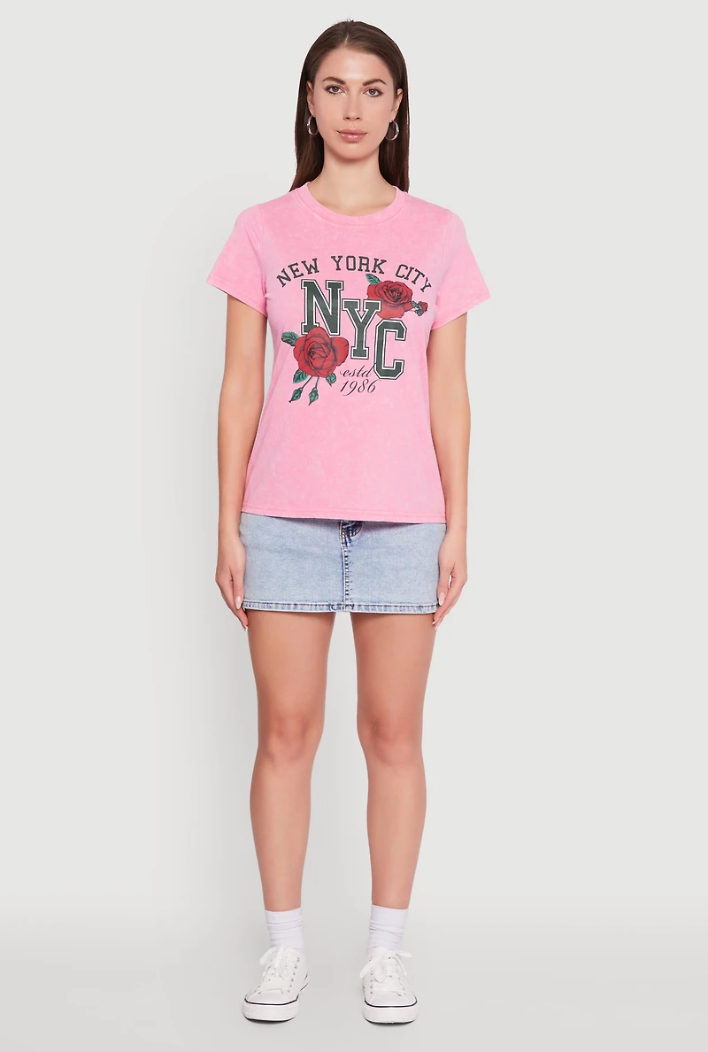 Womens NYC Graphic Rose Print Acid Wash Classic Tee, Pink, Size M