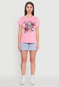 Womens NYC Graphic Rose Print Acid Wash Classic Tee, Pink, Size M