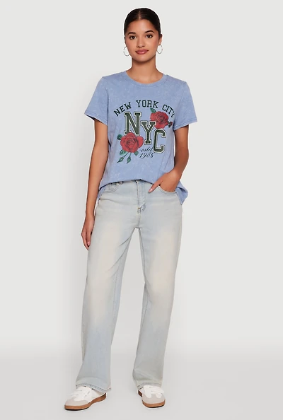 Womens NYC Graphic Rose Print Acid Wash Classic Tee, Blue, Size M