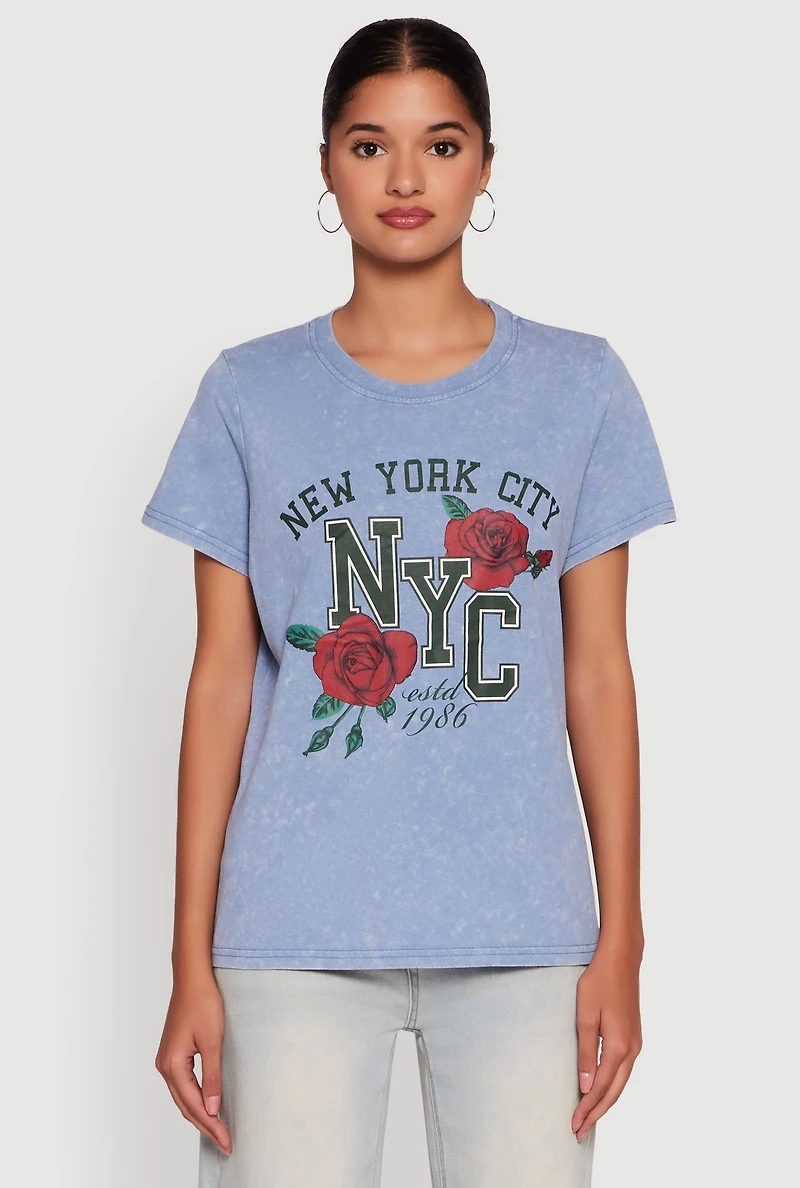 Womens NYC Graphic Rose Print Acid Wash Classic Tee, Blue, Size M