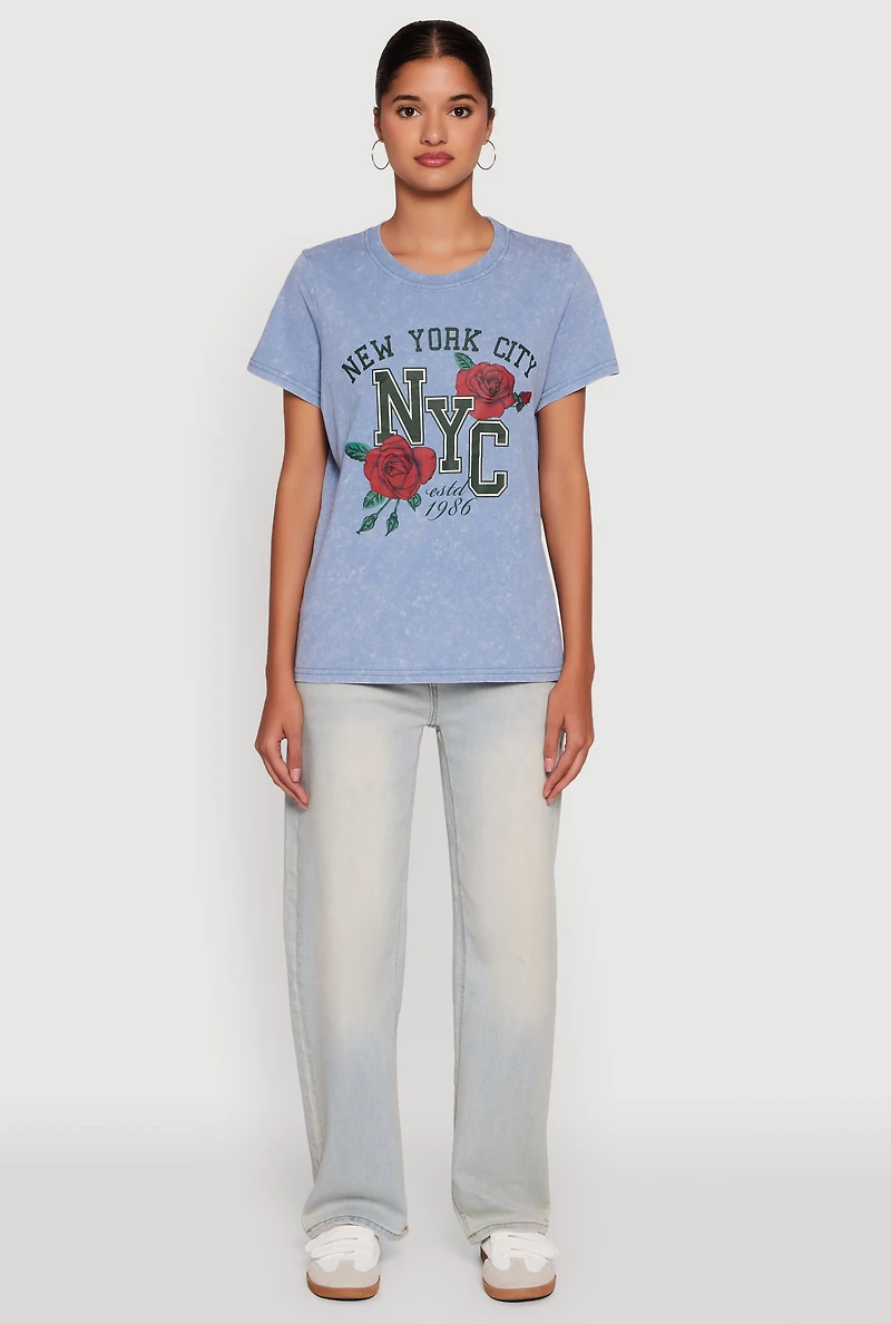 Womens NYC Graphic Rose Print Acid Wash Classic Tee, Blue, Size M