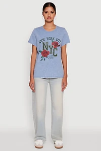 Womens NYC Graphic Rose Print Acid Wash Classic Tee, Blue, Size M
