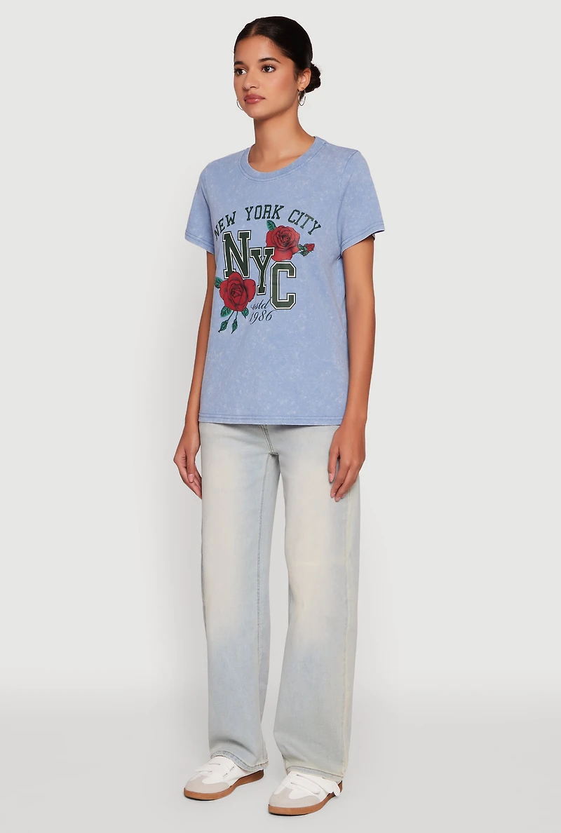 Womens NYC Graphic Rose Print Acid Wash Classic Tee, Blue, Size M