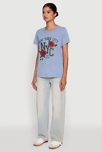 Womens NYC Graphic Rose Print Acid Wash Classic Tee, Blue, Size XL