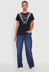 Womens Acid Wash Fancy String Pearl Graphic Tee, Black,
