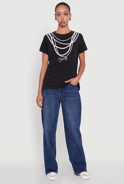 Womens Acid Wash Fancy String Pearl Graphic Tee,