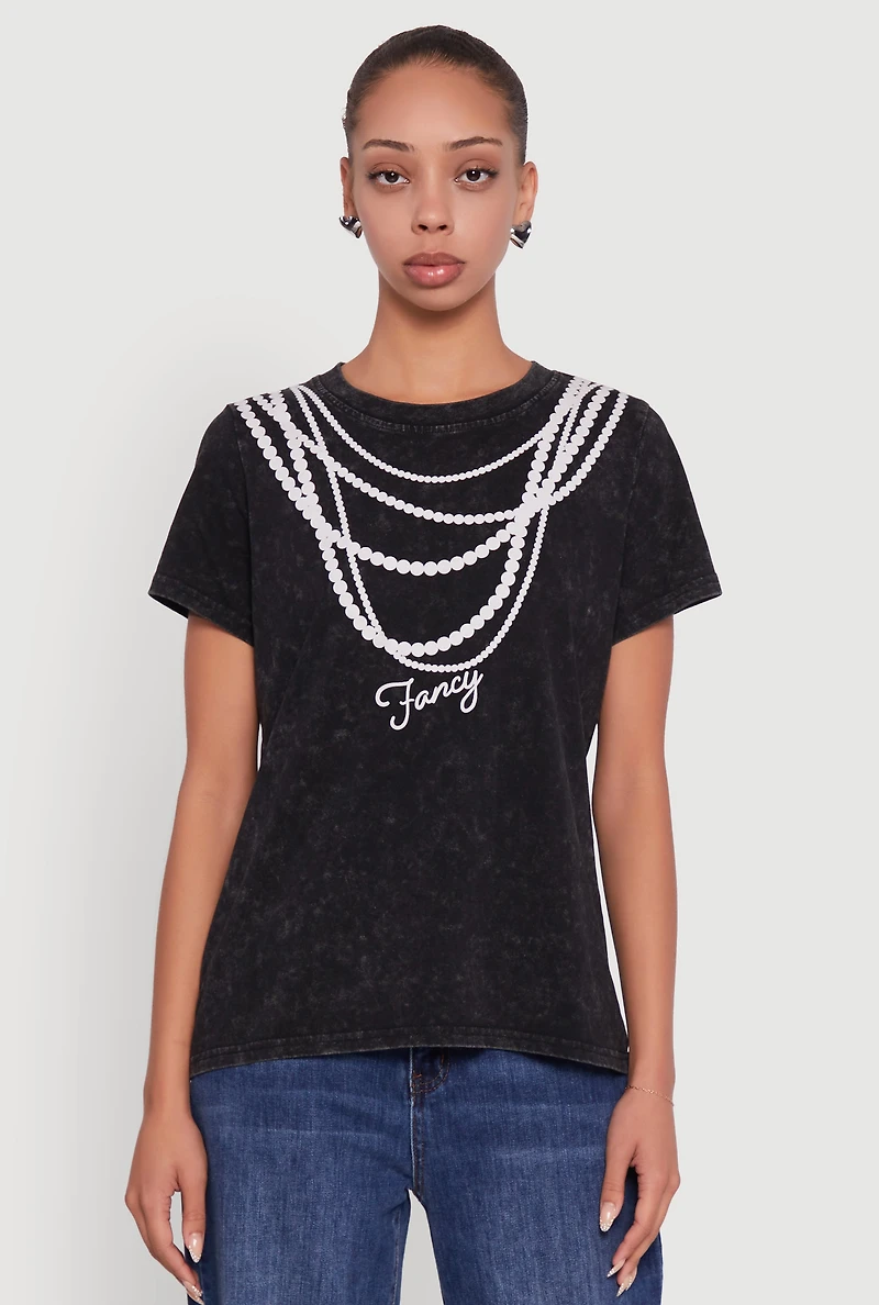 Womens Acid Wash Fancy String Pearl Graphic Tee, Black,