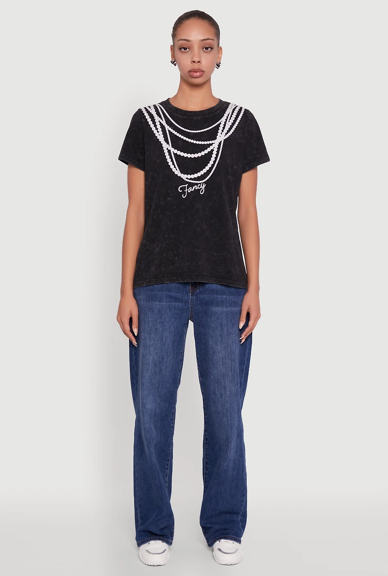 Womens Acid Wash Fancy String Pearl Graphic Tee, Black,