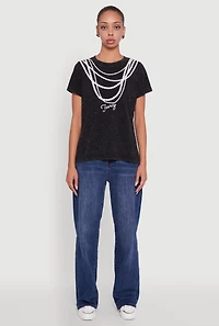 Womens Acid Wash Fancy String Pearl Graphic Tee, Black,