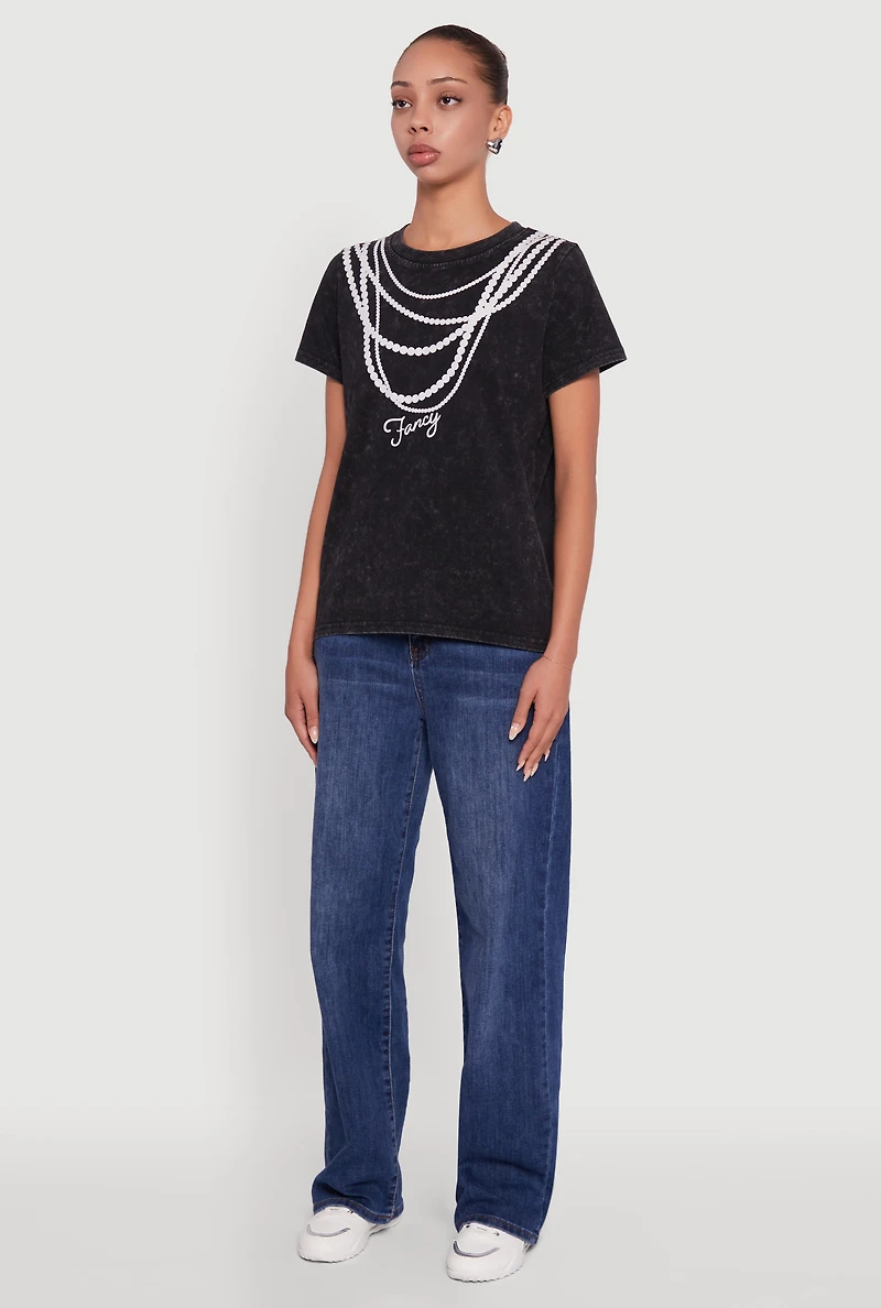Womens Acid Wash Fancy String Pearl Graphic Tee, Black,
