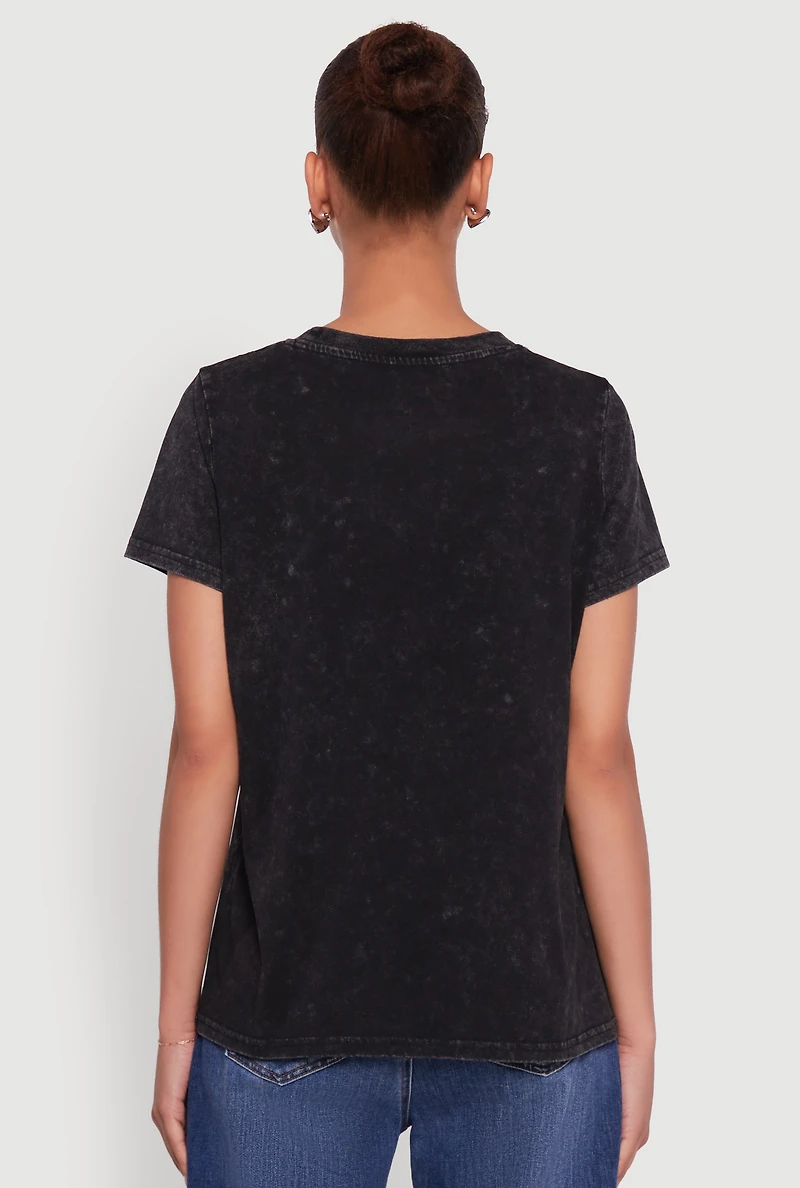 Womens Acid Wash Fancy String Pearl Graphic Tee, Black,