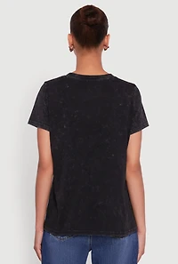Womens Acid Wash Fancy String Pearl Graphic Tee, Black,