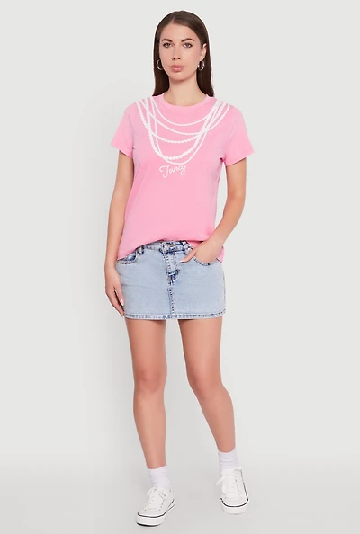 Womens Acid Wash Fancy String Pearl Graphic Tee, Pink, Size XL