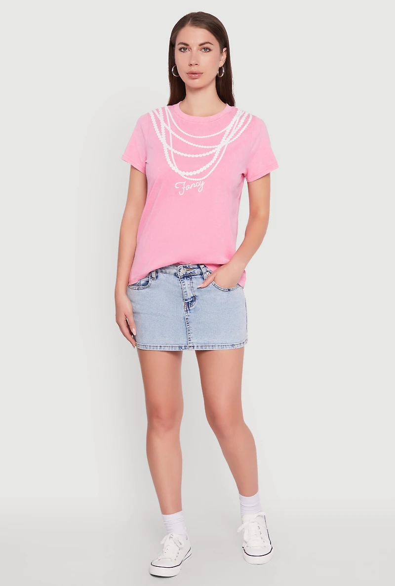 Womens Acid Wash Fancy String Pearl Graphic Tee, Pink, Size XL