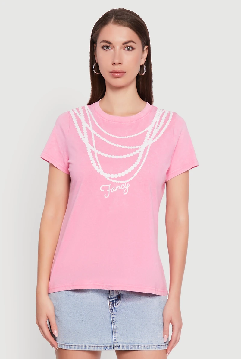Womens Acid Wash Fancy String Pearl Graphic Tee, Pink, Size XL
