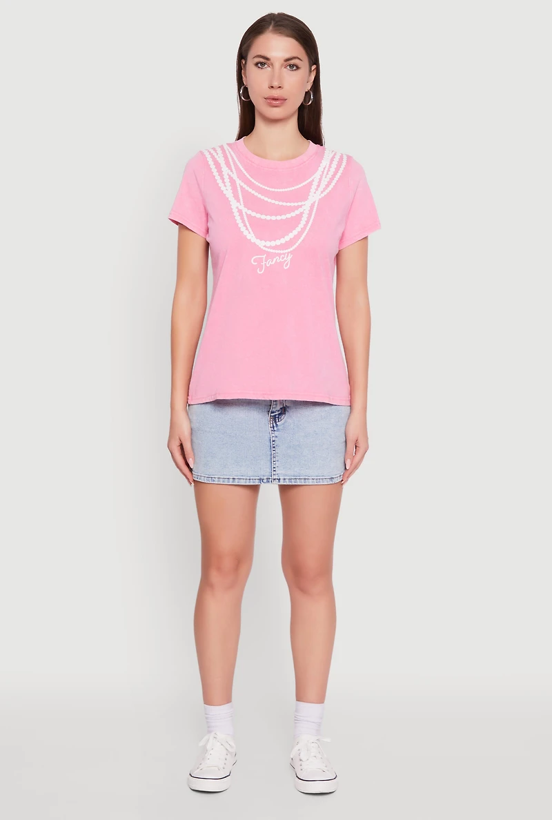 Womens Acid Wash Fancy String Pearl Graphic Tee, Pink, Size XL